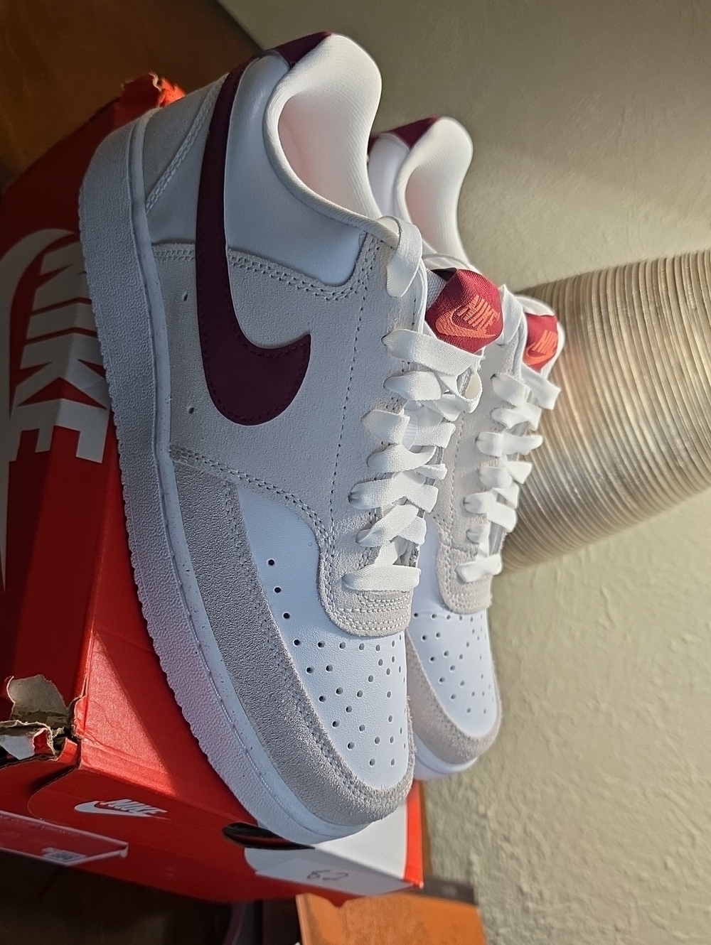 Nike Women's 7.5 White Low-Top Court Vision Lo Sneakers with Burgundy Swoosh